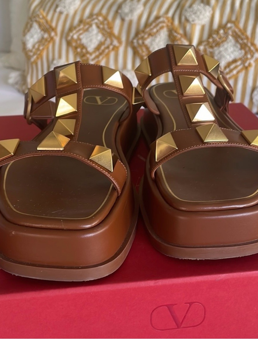 Valentino Garavani Brown Leather Gold-Stud Platform Sandals